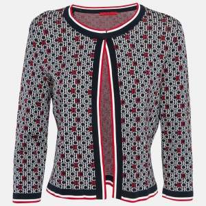 CH Carolina Herrera Navy Blue Monogram Knit Open Front Cardigan L