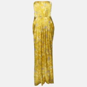 CH Carolina Herrera Yellow Printed Silk Strapelss Long Dress S