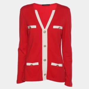 Pre Owned CH Carolina Herrera Red Cotton Colorblock Pattern V-Neck Top S