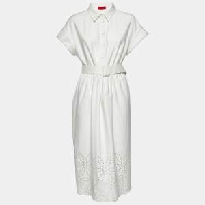 Pre Owned CH Carolina Herrera White Cotton Belted Midi Dress L