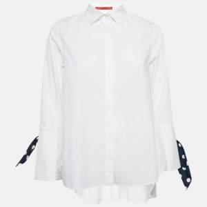 Pre Owned CH Carolina Herrera White Cotton Polka Dot Cuff Tie-Up Shirt S
