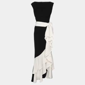 Pre Owned CH Carolina Herrera Black/White Crepe Ruffle Detail Sleeveless Maxi Dress M