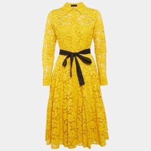 Pre Owned CH Carolina Herrera Yellow Lace Belted Midi Dress M