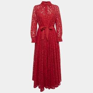 Pre Owned CH Carolina Herrera Red Floral Lace Button Front Maxi Shirt Dress L