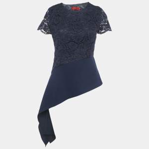 CH Carolina Herrera Navy Blue Floral Lace Short Sleeve Top S