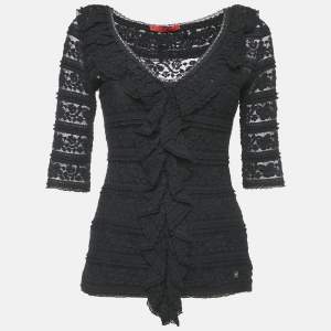 CH Carolina Herrera Black Lace Ruffled Top S