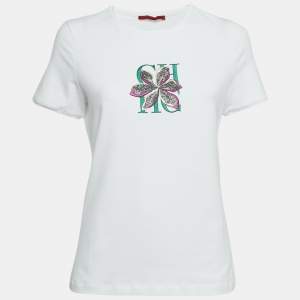 CH Carolina Herrera White Logo Flora Embroidered Jersey T-Shirt S