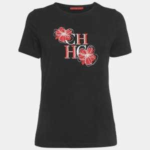 CH Carolina Herrera Black Logo Flora Embroidered Jersey T-Shirt S