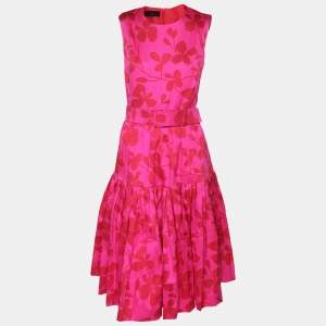 CH Carolina Herrera Pink/Red Jacquard Farm Rio Print Midi Dress S