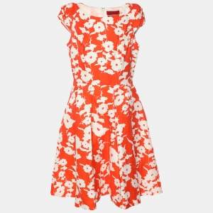 CH Carolina Herrera Orange/White Floral Print Cotton Silk Midi Dress M