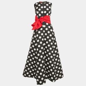 Pre Owned CH Carolina Herrera Black Polka Dots Print Textured Knit Belted Gown M