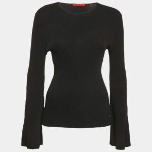 Pre Owned CH Carolina Herrera Black Rib Knit Bell Sleeve Top L
