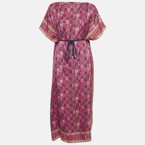 Pre Owned CH Carolina Herrera Pink CH Print Silk Belted Kaftan Dress One Size