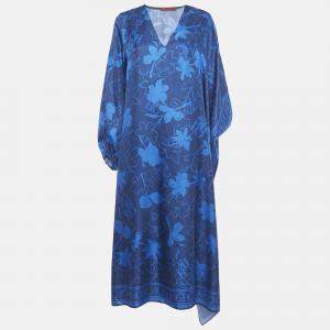 Pre Owned CH Carolina Herrera Blue Logo Floral Print Silk Asymmetric Tunic L