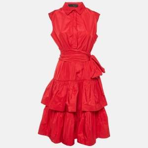 CH Carolina Herrera Red Taffeta Tiered Sleeveless Shirt Dress L