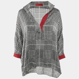 CH Carolina Herrera Black Houndstooth Print Satin Loose Fit Blouse XS
