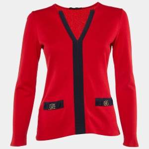 CH Carolina Herrera Red CH Pattern Cotton V-Neck Top XS