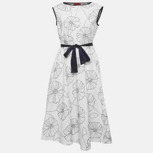 CH Carolina Herrera White Floral Embroidered Cotton Belted Midi Dress M
