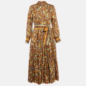 Pre Owned CH Carolina Herrera Brown Floral Print Silk Belted Midi Dress S 