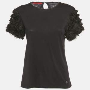 Pre Owned CH Carolina Herrera Black Rose Applique Detail Cotton Blend Frayed T-Shirt L