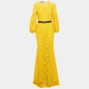 Pre Owned CH Carolina Herrera Yellow Lace Belted Long Dress M