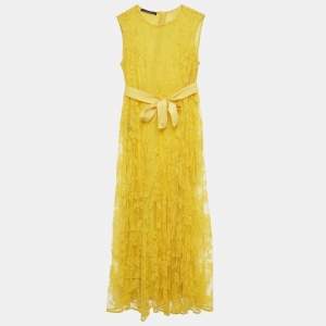 Pre Owned CH Carolina Herrera Yellow Floral Lace Midi Dress L