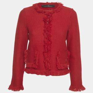 Pre Owned CH Carolina Herrera Red Wool Blend Fringe Detail Cardigan S
