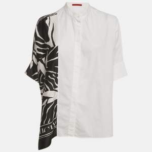 Pre Owned CH Carolina Herrera White Printed Cotton and Crepe Loose Fit Shirt XS