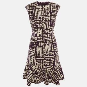Pre Owned CH Carolina Herrera Purple /White Patterned Knit Flounced Hem Short Dress S 