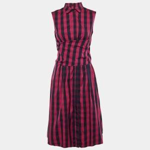 Pre Owned CH Carolina Herrera Pink Striped Cotton Waist Tie Detail Midi Dress M