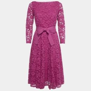 Pre Owned CH Carolina Herrera Pink Lace Belted Flared Dress XS