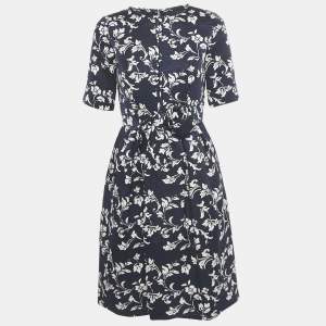 Pre Owned CH Carolina Herrera Navy Blue Floral Print Jacquard Bow Detail Short Dress S