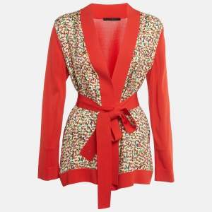 Pre Owned CH Carolina Herrera Printed Silk and Knit Belted Cardigan M