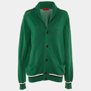 Pre Owned CH Carolina Herrera Green Logo Cotton Knit Button Front Cardigan L