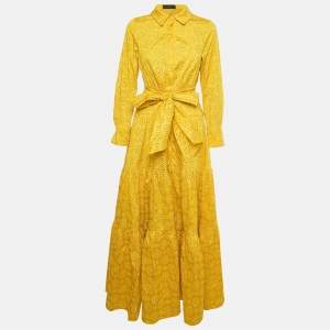Pre Owned CH Carolina Herrera Yellow Broderie Anglaise Crepe Maxi Dress M