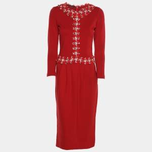 Pre Owned CH Carolina Herrera Red Jersey Tweed Detail Midi Dress XXS