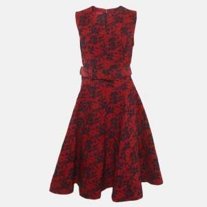 Pre Owned CH Carolina Herrera Red Embossed Floral Print Belted Mini Dress S