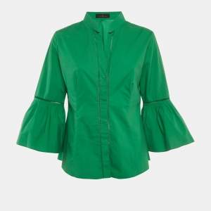 Pre Owned CH Carolina Herrera Green Cotton Flared Sleeve Blouse L