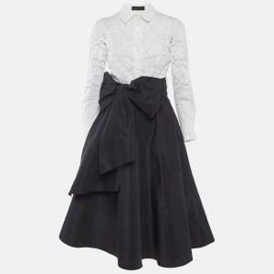 مملوكة مسبقًا فستان سي أتش كارولينا هيريرا دانتيل وكريب أبيض/أسود بحزام متوسط الطول مقاس صغير - سمول