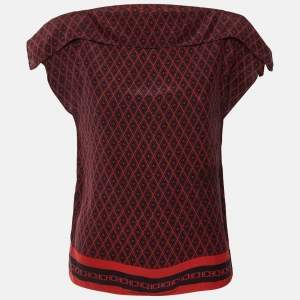 Pre Owned CH Carolina Herrera Navy Blue/Red Printed Silk Blend Top XS