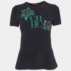 Pre Owned CH Carolina Herrera Navy Blue Jersey Embroidered T-Shirt S