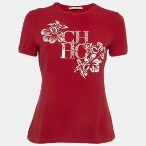 Pre Owned CH Carolina Herrera Red Jersey Logo Embroidered T-Shirt S