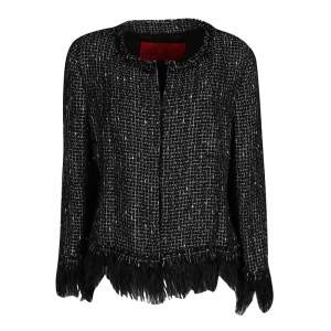 Pre Owned CH Carolina Herrera Monochrome Textured Fringed Ostrich Feather Trim Jacket L