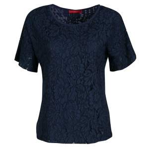 Pre Owned CH Carolina Herrera Navy Blue Floral Lace Overlay Short Sleeve Top S
