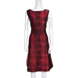 Pre Owned CH Carolina Herrera Red and Black Abstract Pattern Jacquard Sheath Dress L