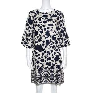 Pre Owned CH Carolina Herrera Blue and Cream Floral Printed Linen Flounce Sleeve Tunic Dress M