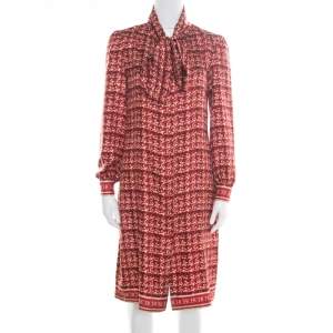 Pre Owned CH Carolina Herrera Red Abstract Printed Silk Button Front Tunic Dress S