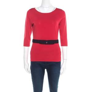 Pre Owned CH Carolina Herrera Red Knit Contrast Waist Bow Detail Long Sleeve Top S