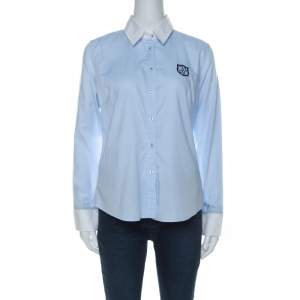 Pre Owned Carolina Herrera Blue Cotton Crest Embroidered Button Front Oxford Shirt M