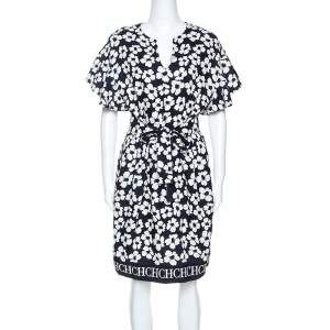 CH Carolina Herrera Navy Blue Floral Print Silk and Linen Blend Dress M
